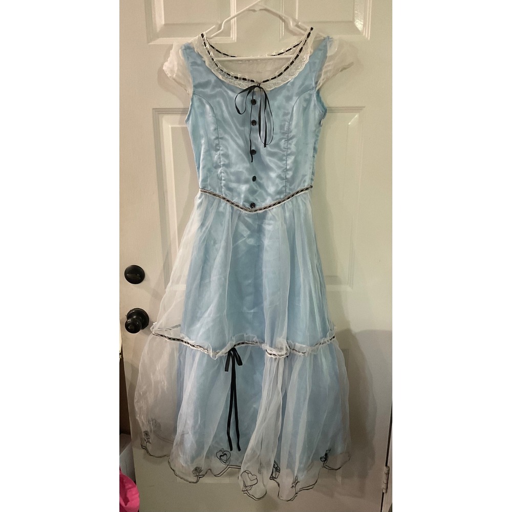 Alice in Wonderland Costume Dress Kids Large Blue Satin Lace Heart Rose 00659V